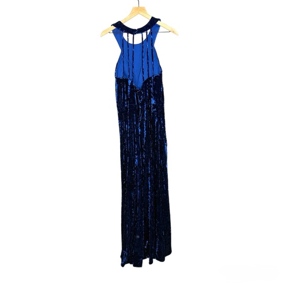 Morgan & Co. Crushed Velvet Royal Blue Halter Gown - Strappy Back Slit Dress 18W - Picture 7 of 9
